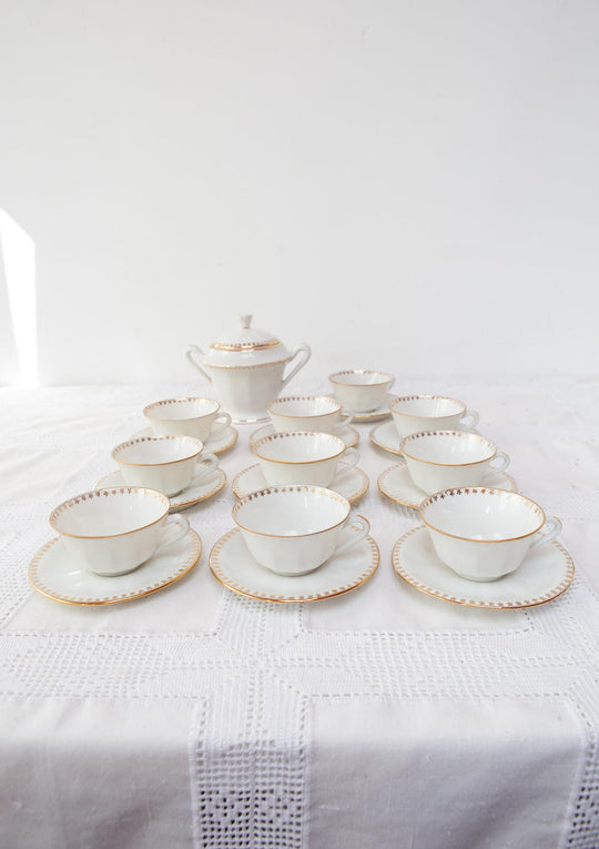 Juego de té vintage 10 SERVICIOS porcelana francesa ribete dorado – M.B.S. 1950-1970 (21 PIEZAS)