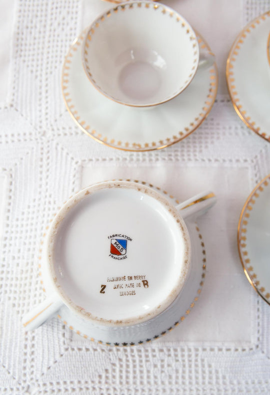 Juego de té vintage 10 SERVICIOS porcelana francesa ribete dorado – M.B.S. 1950-1970 (21 PIEZAS)