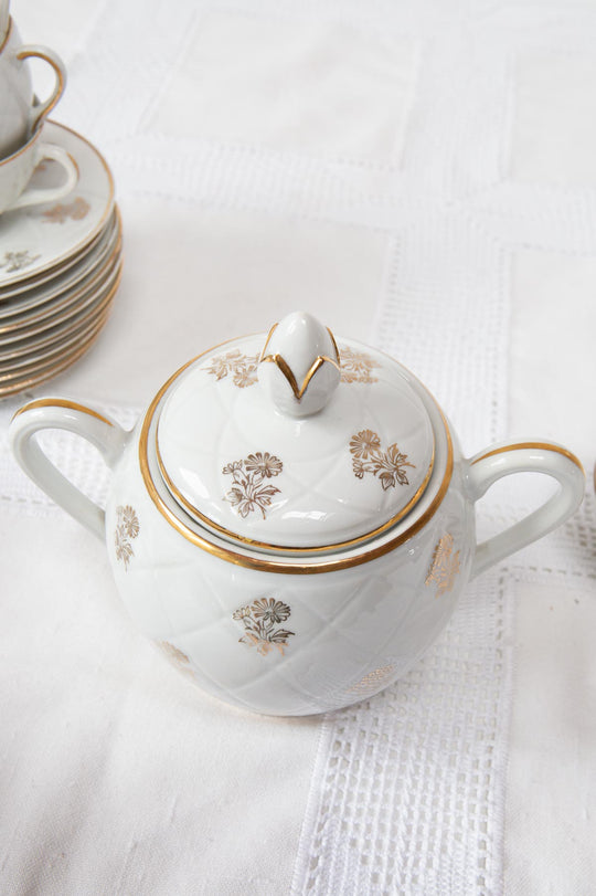 Juego de té Limoges 10 SERVICIOS porcelana ribete dorado c. 1950s (22 PIEZAS)