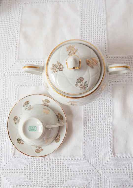 Juego de té Limoges 10 SERVICIOS porcelana ribete dorado c. 1950s (22 PIEZAS)