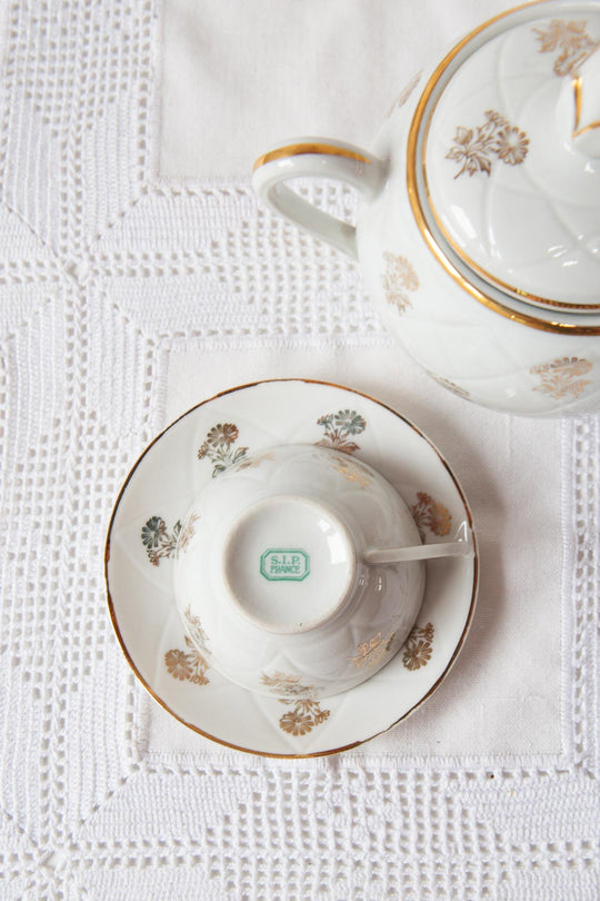 Juego de té Limoges 10 SERVICIOS porcelana ribete dorado c. 1950s (22 PIEZAS)