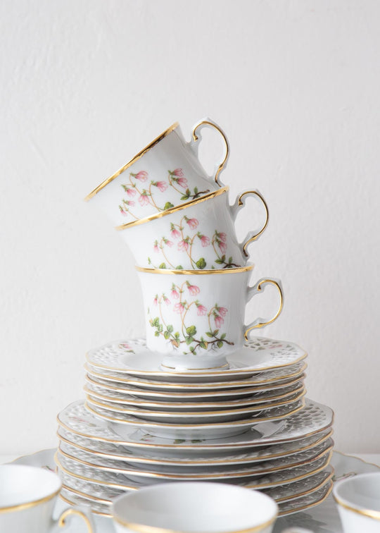Juego café porcelana Hackefors PARA 6 "Linnaea Borealis" c. 1970 SIN ESTRENAR (19 PIEZAS)