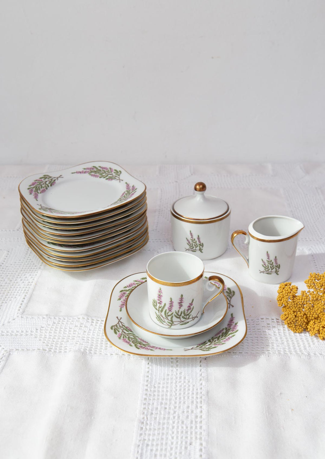 Juego café porcelana Hackefors PARA 12 "Ljung Calluna vulgaris" brezo c. 1950 (39 PIEZAS)