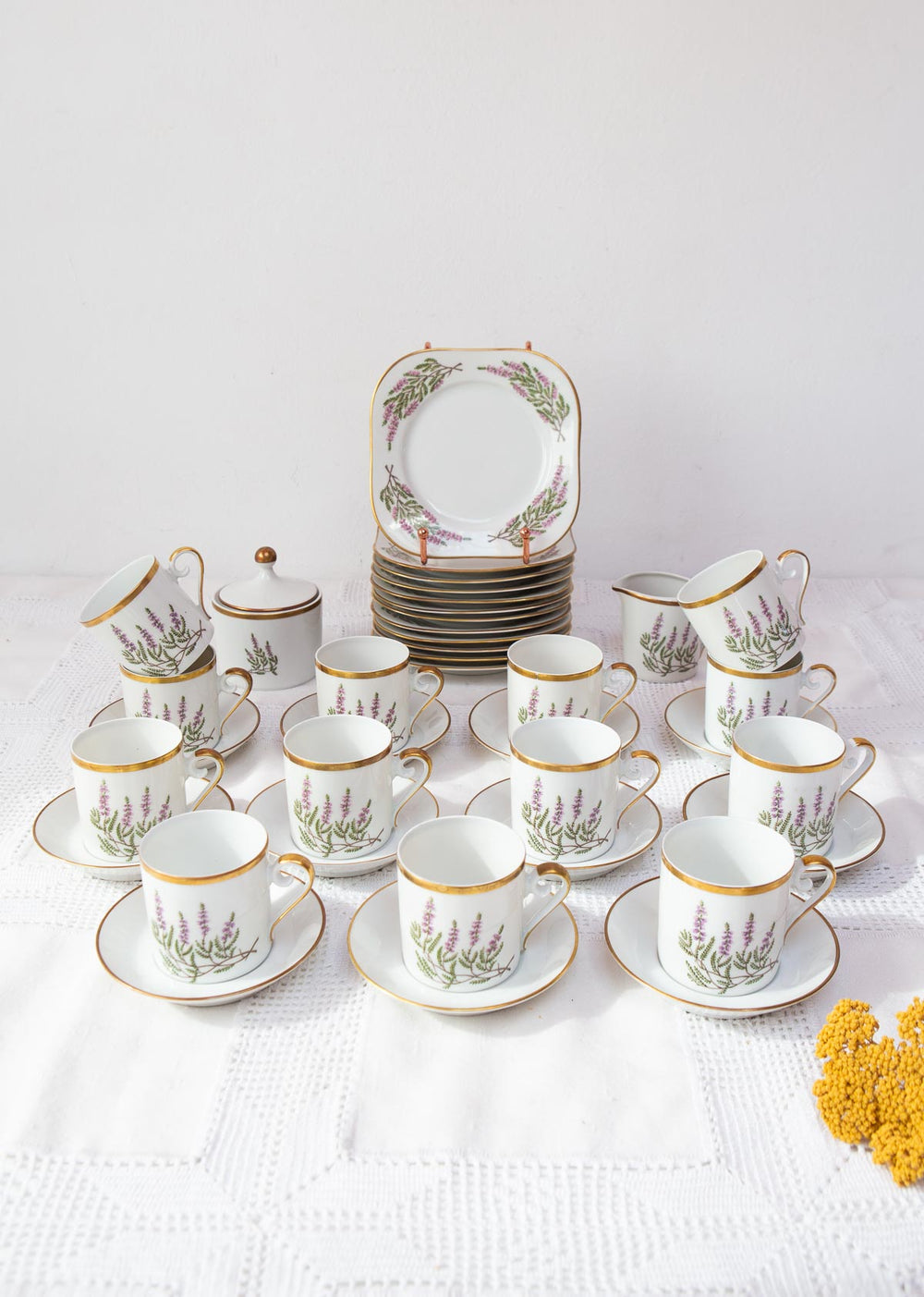 Juego café porcelana Hackefors PARA 12 "Ljung Calluna vulgaris" brezo c. 1950 (39 PIEZAS)