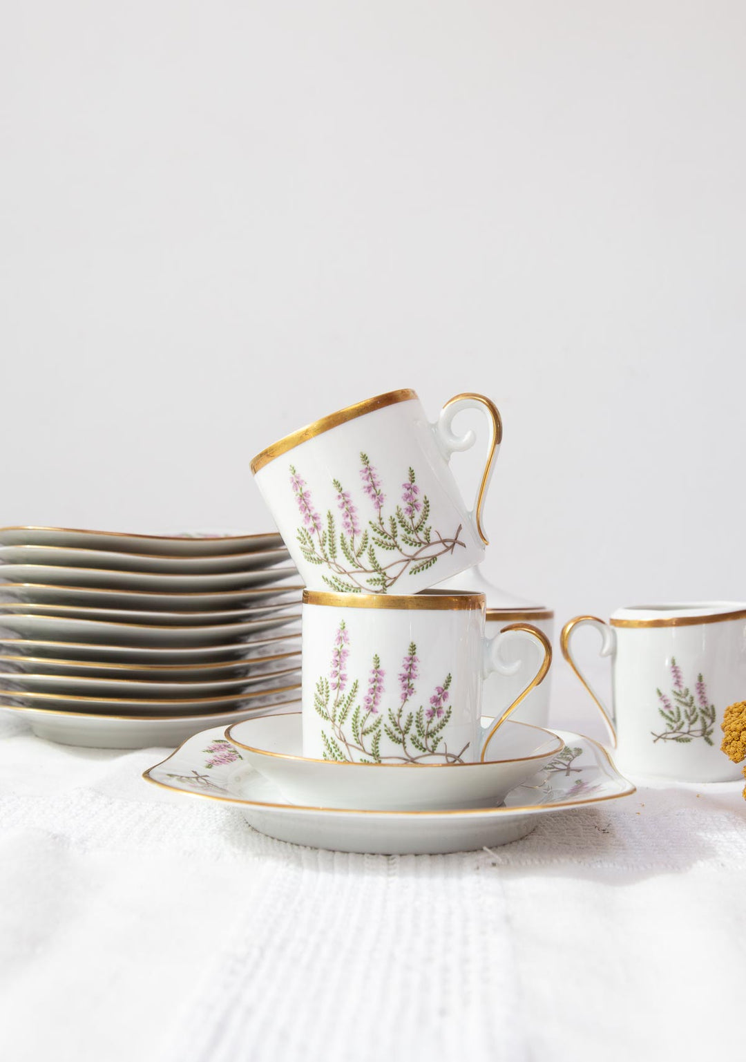 Juego café porcelana Hackefors PARA 12 "Ljung Calluna vulgaris" brezo c. 1950 (39 PIEZAS)