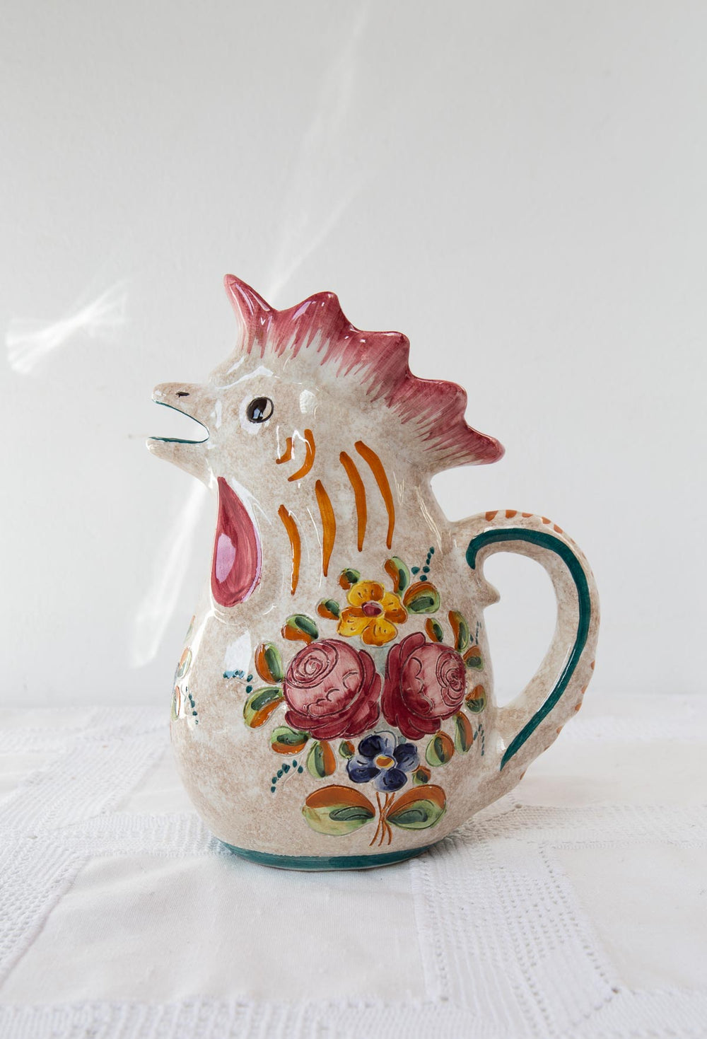 Jarra agua loza italiana figura gallo Deruta c. 1960s (26 cm)