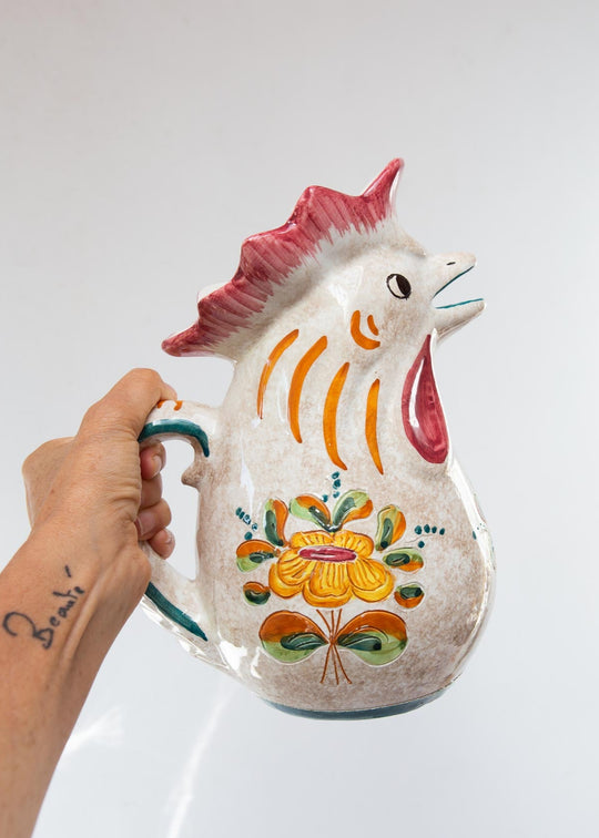 Jarra agua loza italiana figura gallo Deruta c. 1960s (26 cm)