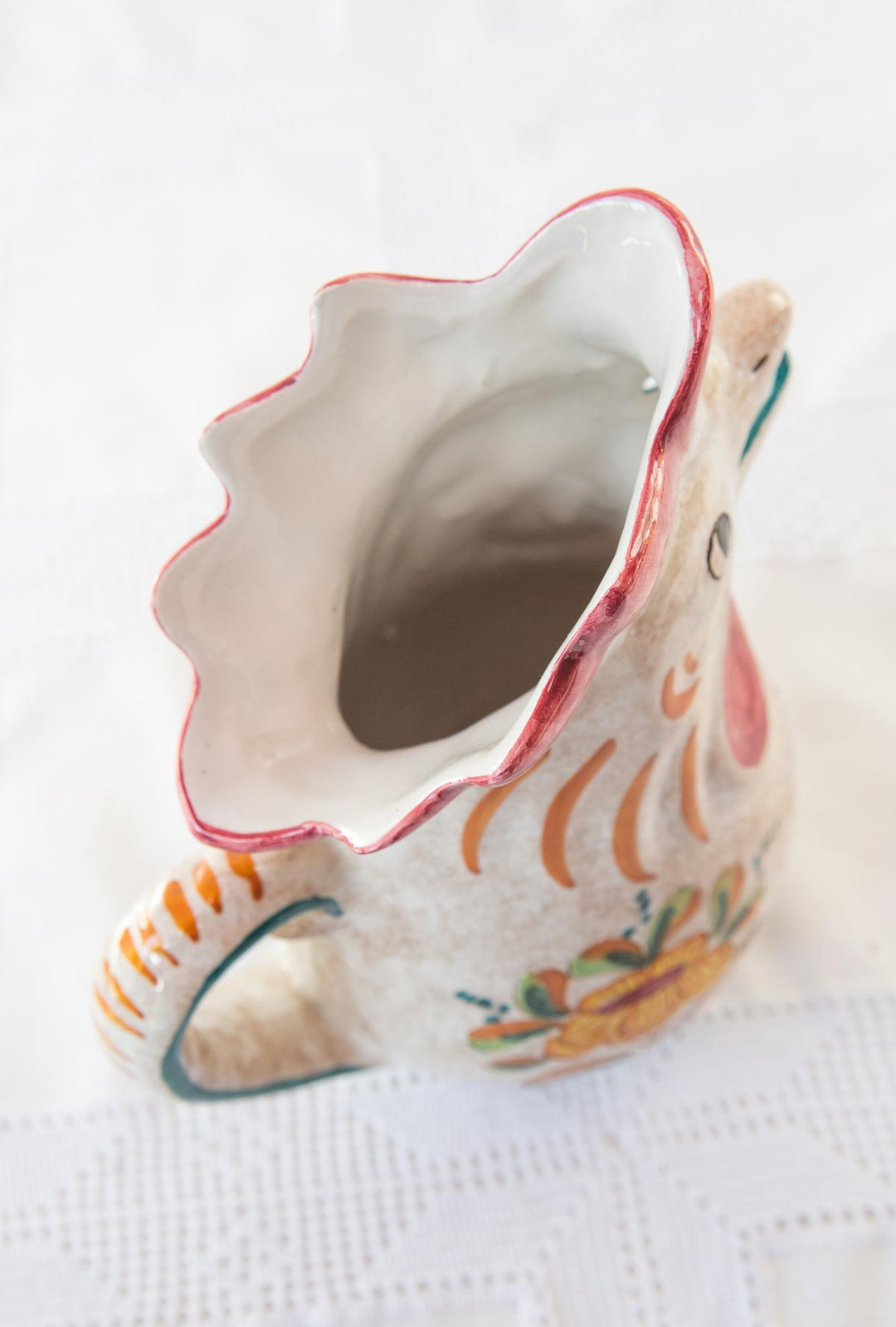 Jarra agua loza italiana figura gallo Deruta c. 1960s (26 cm)