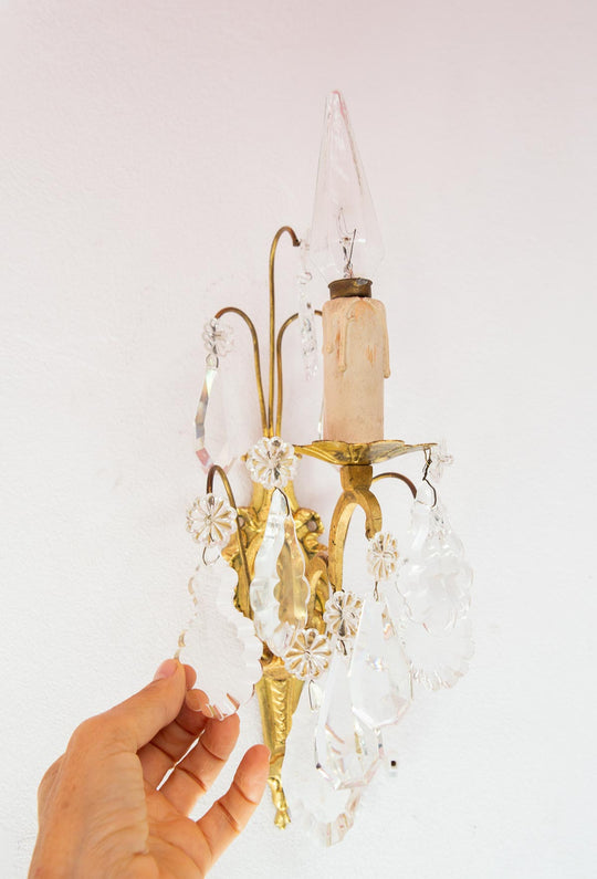 Pareja apliques vintage franceses bronce y cristales (34 cm)