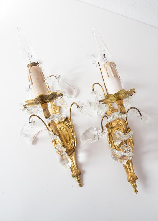 Pareja apliques vintage franceses bronce y cristales (34 cm)