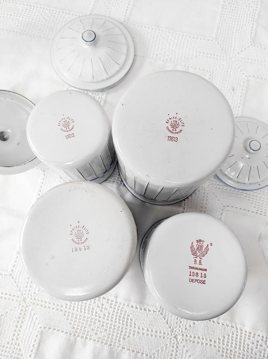 Juego 4 botes cocina metal esmaltado Art Déco – Sphinx Elite, Checoslovaquia c. 1930 (SIN ESTRENAR)