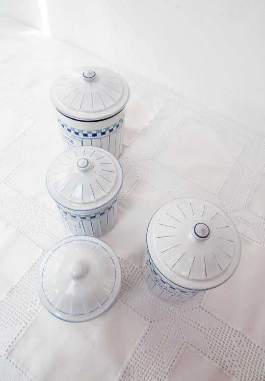 Juego 4 botes cocina metal esmaltado Art Déco – Sphinx Elite, Checoslovaquia c. 1930 (SIN ESTRENAR)