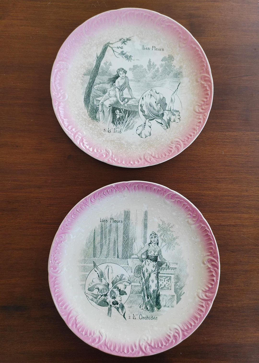 Dos platos terre de fer Sarreguemines "Les fleurs" s. XIX