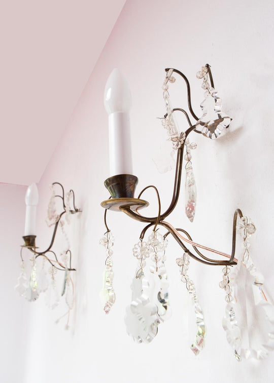 Pareja de apliques suecos latón patinado y cristales c. 1980s (35 cm)