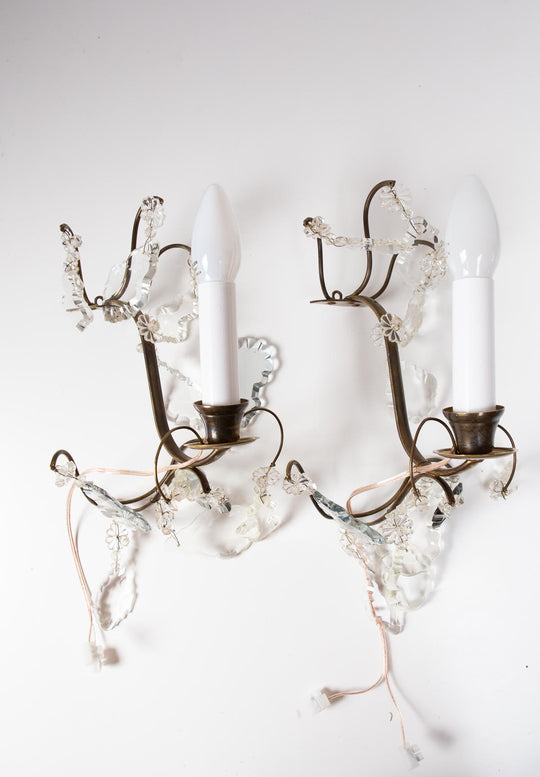 Pareja de apliques suecos latón patinado y cristales c. 1980s (35 cm)