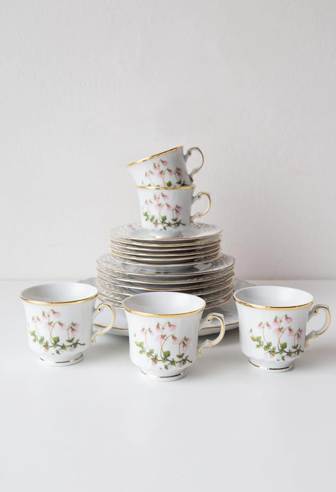 Juego café porcelana Hackefors PARA 5 "Linnaea Borealis" c. 1970 SIN ESTRENAR (18 PIEZAS)