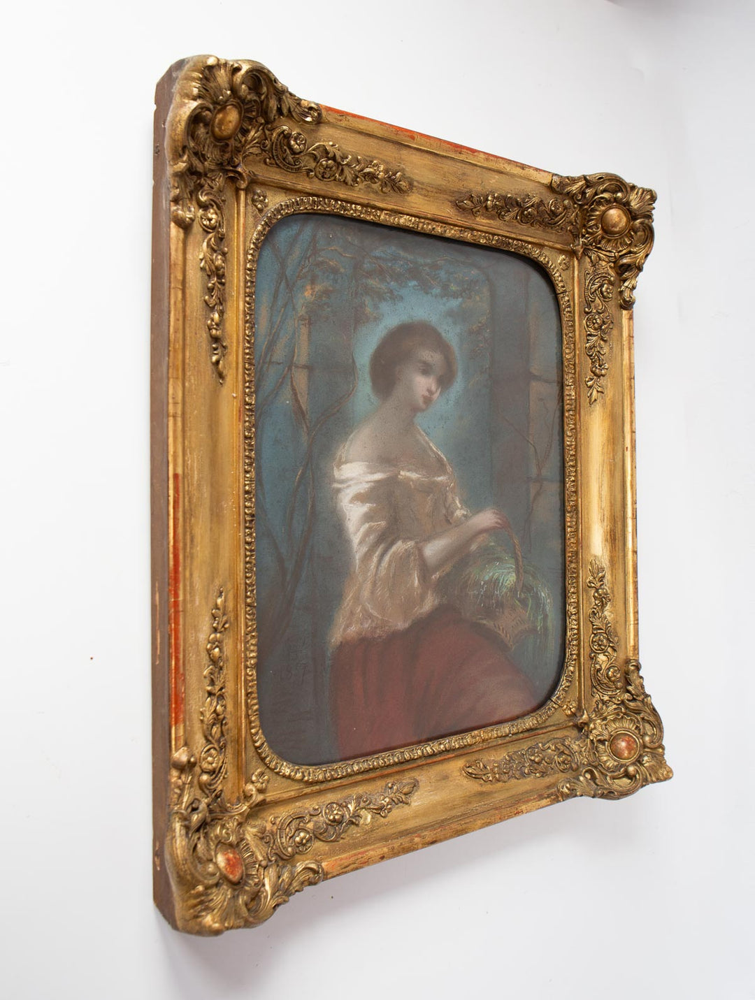 Antiguo retrato femenino al pastel francés en marco original fechado año 1857