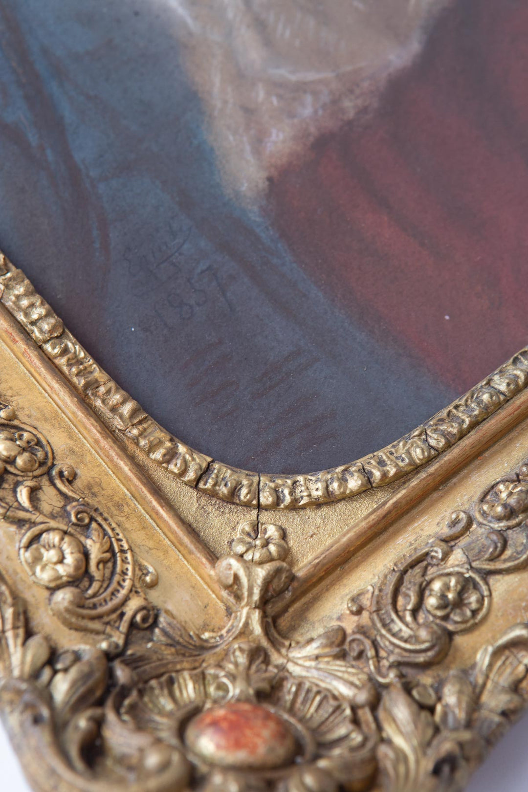 Antiguo retrato femenino al pastel francés en marco original fechado año 1857