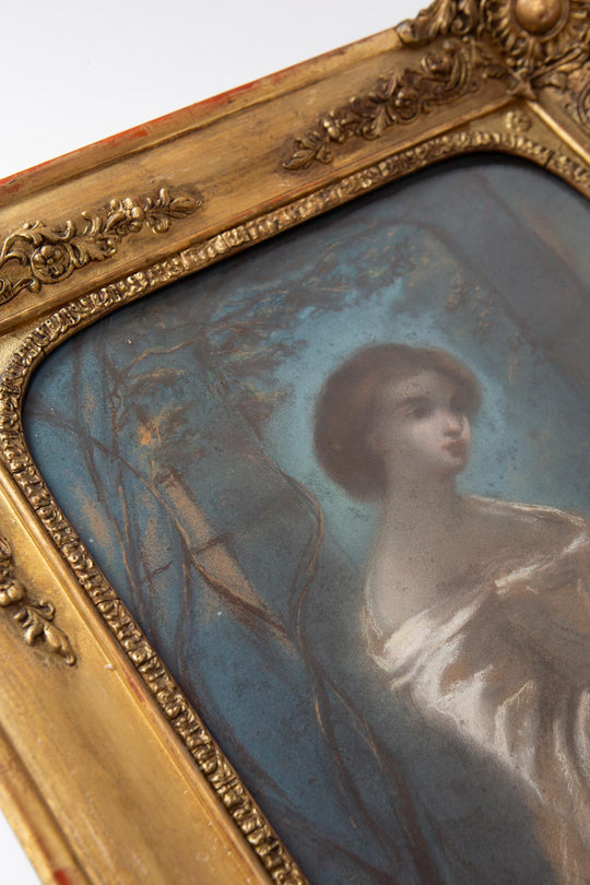 Antiguo retrato femenino al pastel francés en marco original fechado año 1857