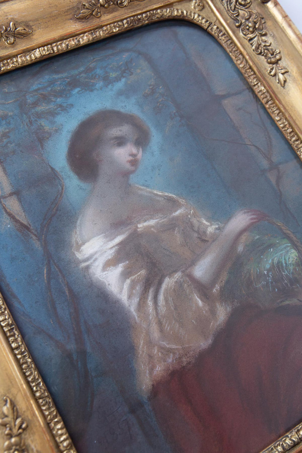 Antiguo retrato femenino al pastel francés en marco original fechado año 1857