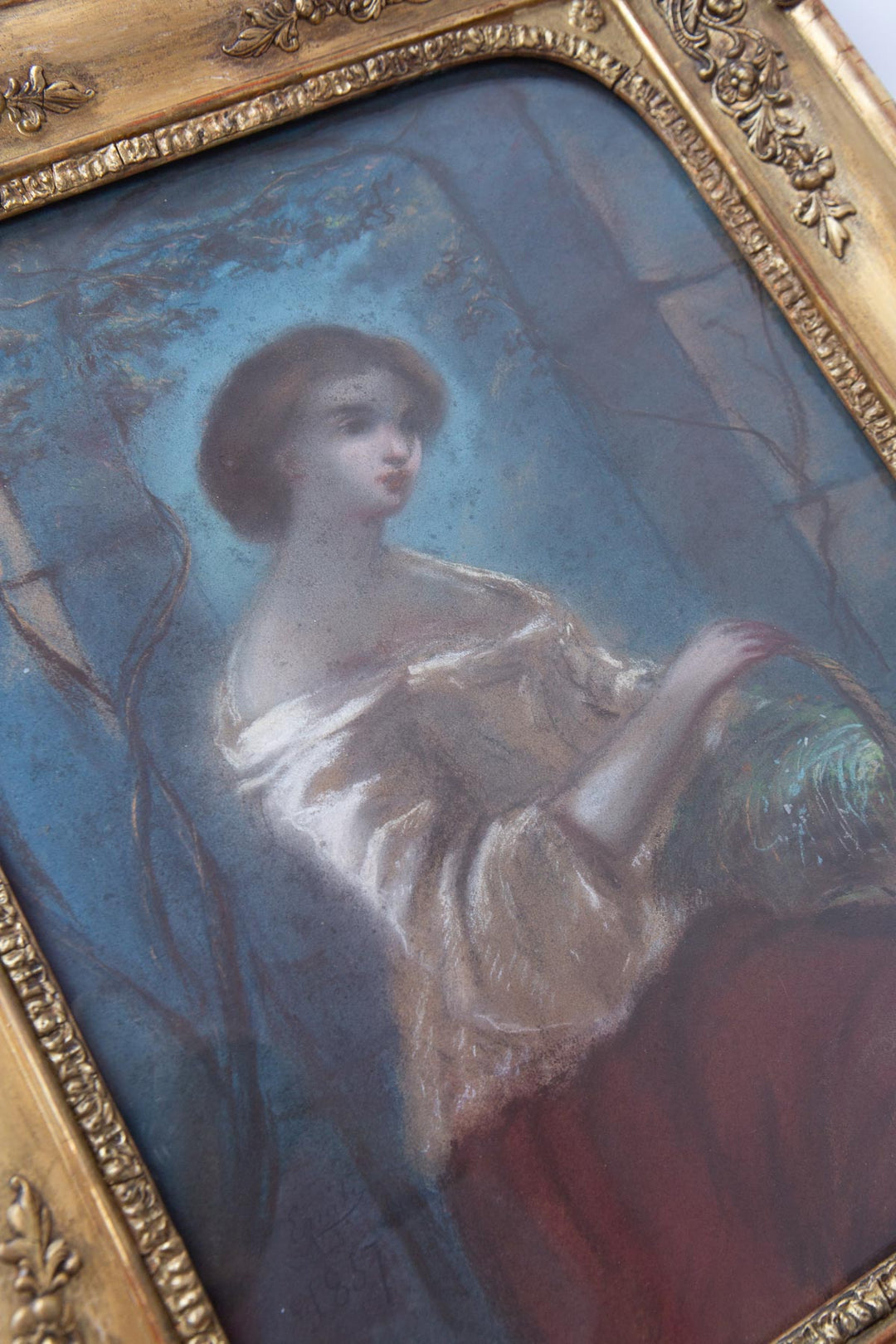 Antiguo retrato femenino al pastel francés en marco original fechado año 1857