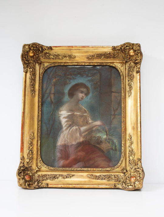 Antiguo retrato femenino al pastel francés en marco original fechado año 1857