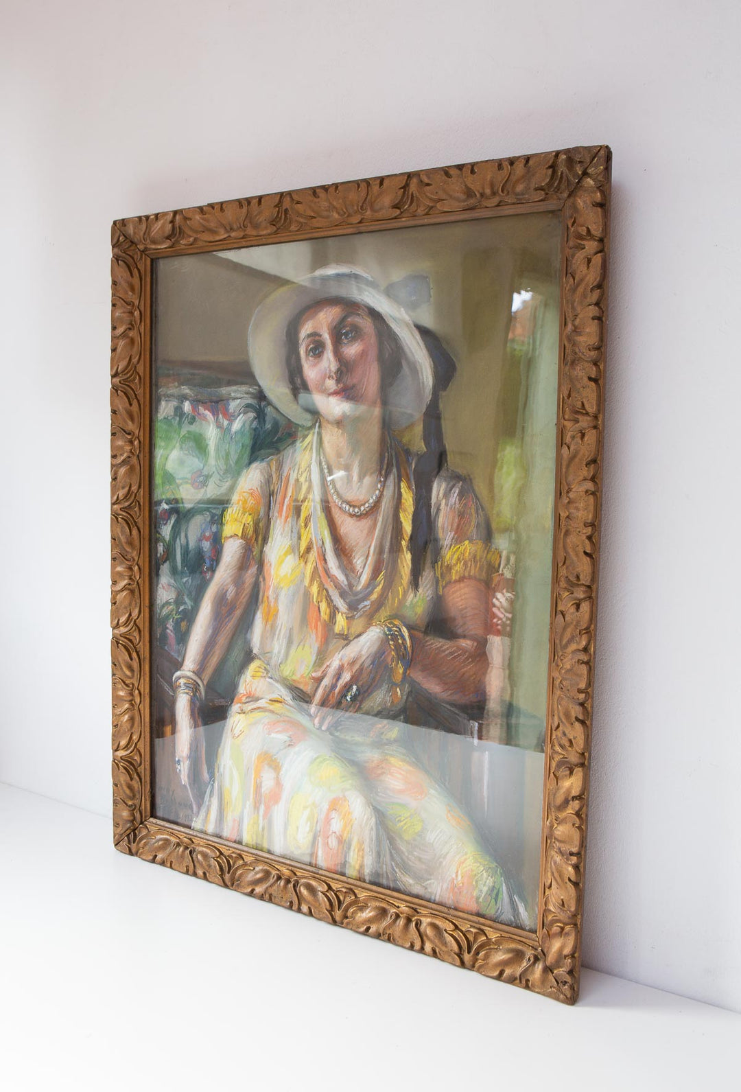 Retrato femenino al pastel con marco, Francia 1932 por Fanny Billoud (74*58 cm)