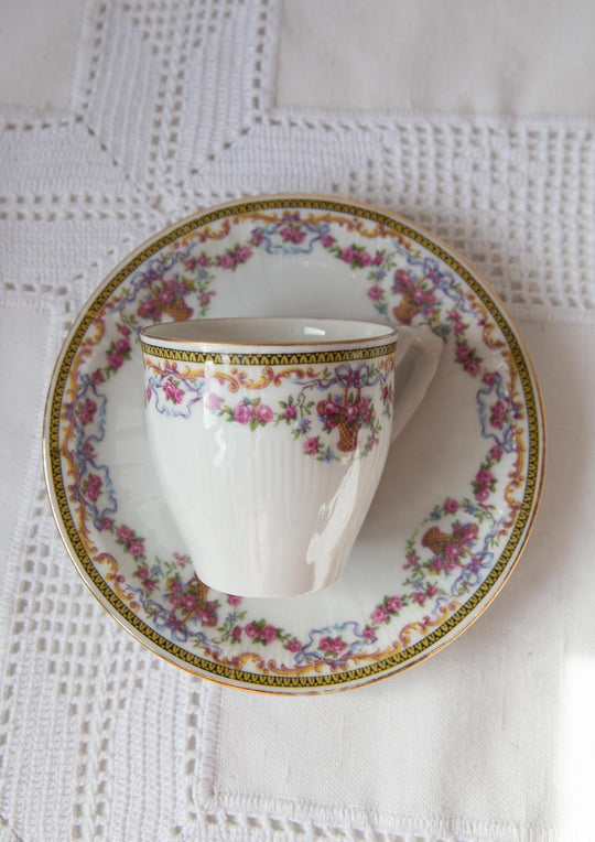 Antiguo juego café para 6 porcelana francesa Limoges flores c. 1925 (14 PIEZAS)
