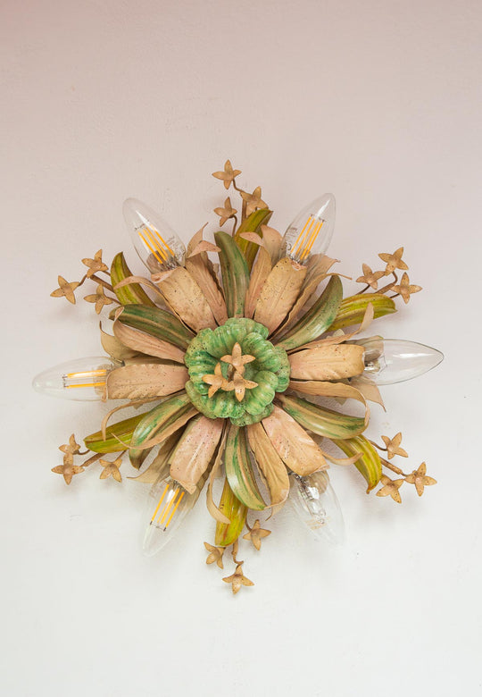 Plafón de metal italiano colores flores y hojas c. 1980 (35 cm)