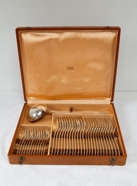 Antigua CUBERTERÍA francesa art decó PARA 12 metal argenté c. 1930/40s (37 PIEZAS)