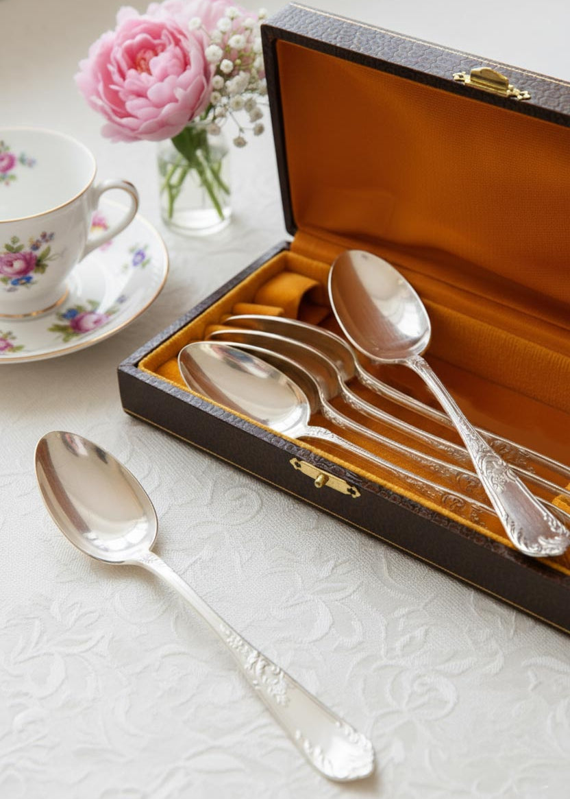 Estuche 6 cucharillas Ravinet d'Enfert LOUIS XV metal baño plata c. 1930s