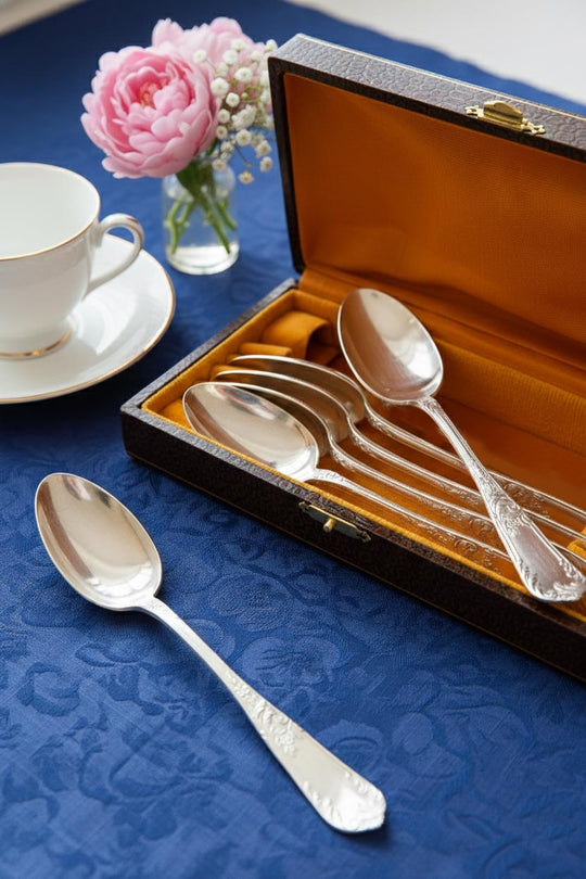 Estuche 6 cucharillas Ravinet d'Enfert LOUIS XV metal baño plata c. 1930s