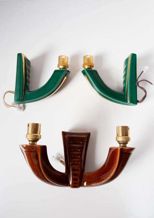 Pareja de apliques franceses loza verde esmeralda c. 1950/60s