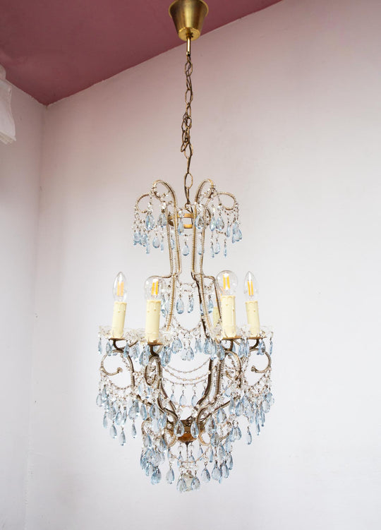 Chandelier italiano cascada metal dorado con cristales azules c. 1960 (42 cm)