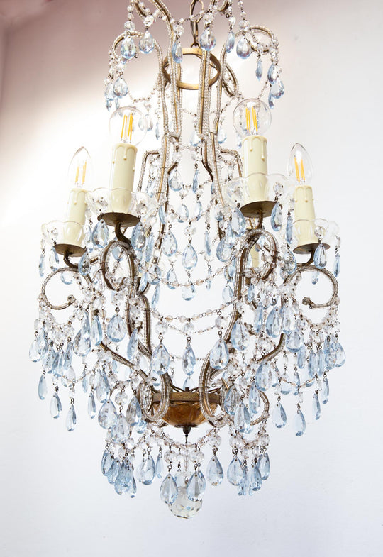 Chandelier italiano cascada metal dorado con cristales azules c. 1960 (42 cm)