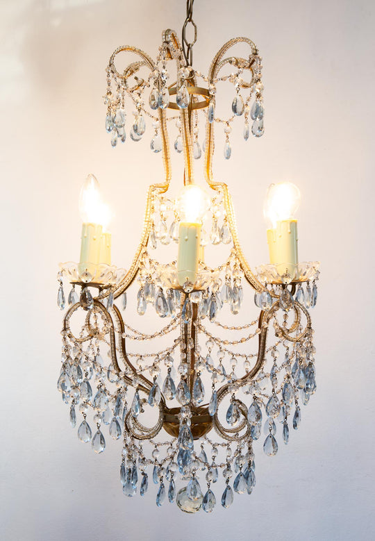 Chandelier italiano cascada metal dorado con cristales azules c. 1960 (42 cm)