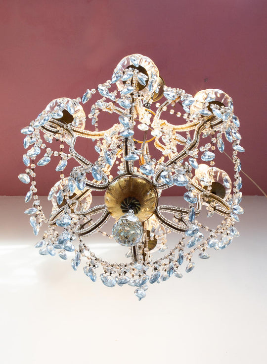 Chandelier italiano cascada metal dorado con cristales azules c. 1960 (42 cm)