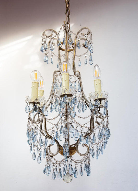 Chandelier italiano cascada metal dorado con cristales azules c. 1960 (42 cm)