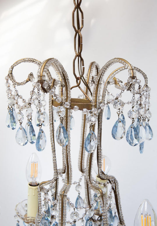 Chandelier italiano cascada metal dorado con cristales azules c. 1960 (42 cm)