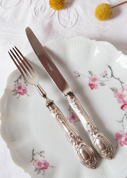 juego cubiertos postre mangos plata y acero