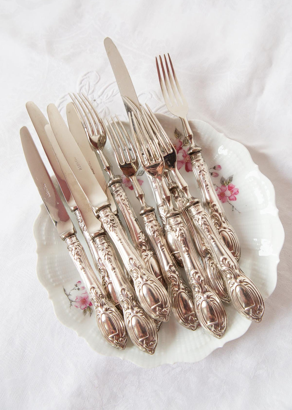 juego cubiertos postre mangos plata y acero