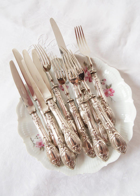 juego cubiertos postre mangos plata y acero