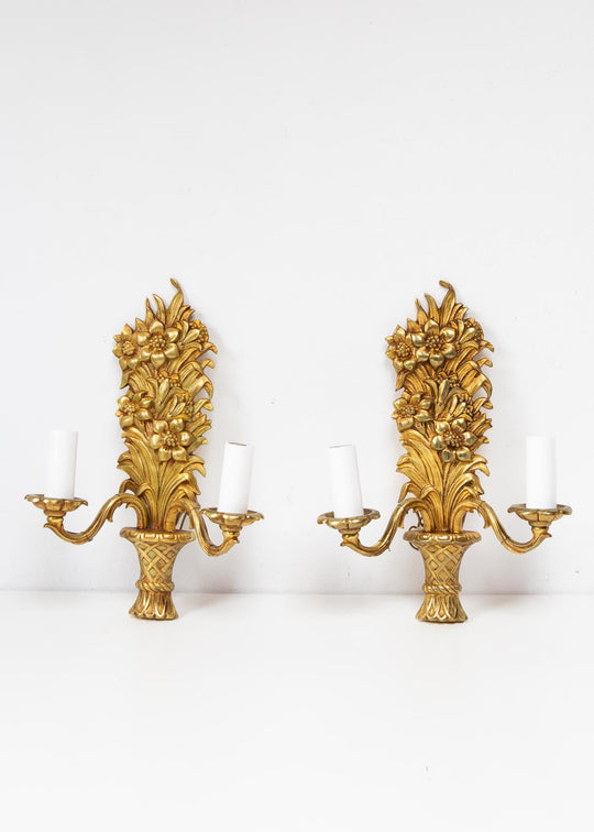 pareja apliques antiguos franceses cesta y flores bronce