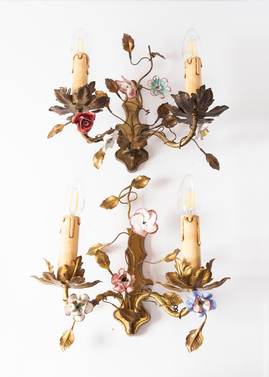 pareja antiguos apliques flores porcelana