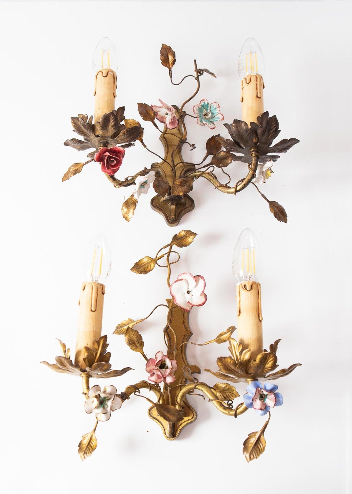 pareja antiguos apliques flores porcelana