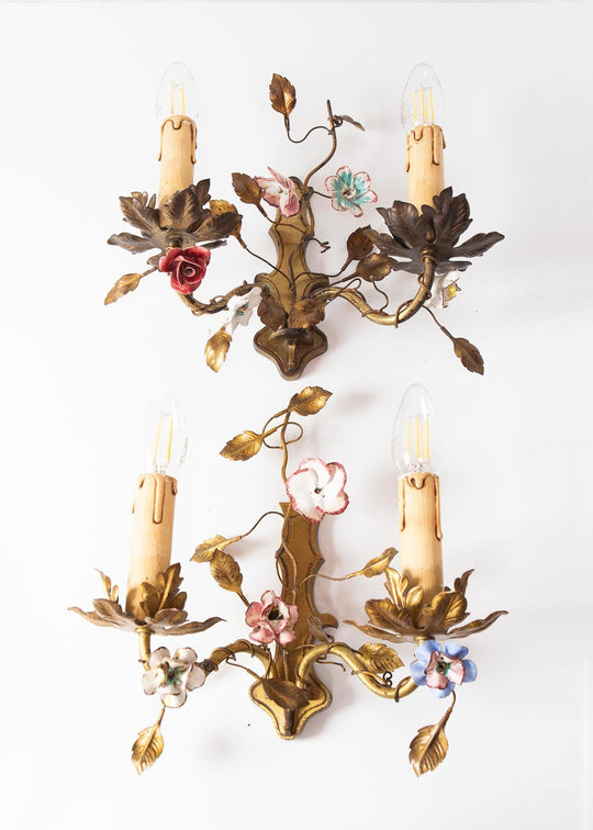 pareja antiguos apliques flores porcelana