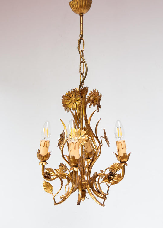 Chandelier italiano metal dorado con hojas y flores c. 1970/80 (32 cm)