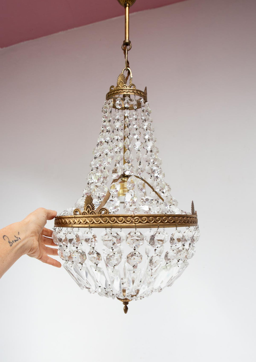 Antiguo chandelier "montgolfier" francés bronce y cristales (30 cm)