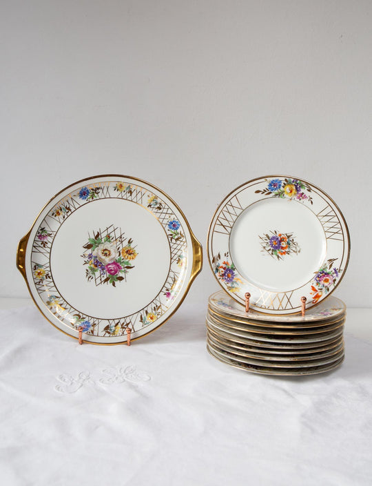 juego postre limoges pintado a mano flores