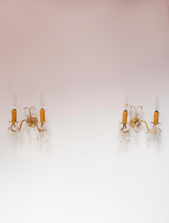 Pareja apliques franceses bronce y cristales c. 1950s